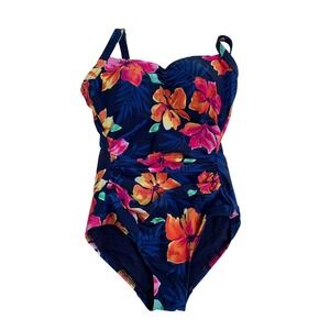 Lands End Womens Floral One Piece Swimsuit Navy Blue Orange Pink Tropical XS